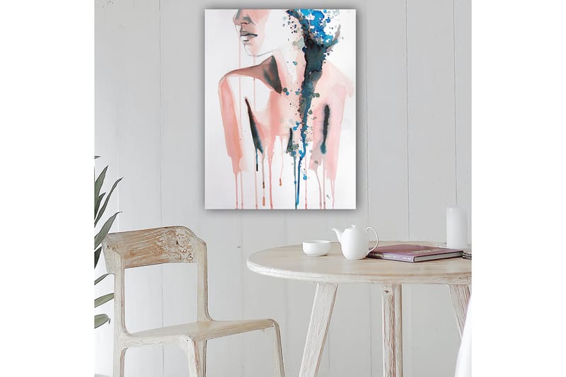 Lærred 70x100 cm - Stiliseret kvindesilhuet med farvede dråber, der flyder nedad, Lyserød / Blå / Sort