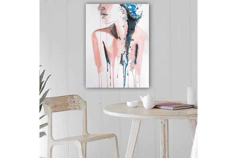 Lærred 70x100 cm - Stiliseret kvindesilhuet med farvede dråber, der flyder nedad, Lyserød / Blå / Sort