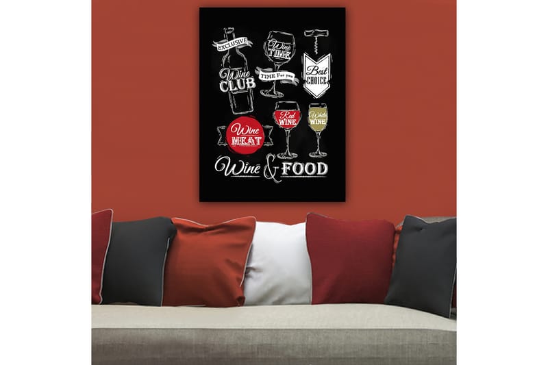 Lærred 70x100 cm - Stiliseret maleri med motiver af vin, glas og madrelaterede tekster - Rød / Hvid / Sort - Boligtilbehør - Billeder & kunst - Billeder på lærred