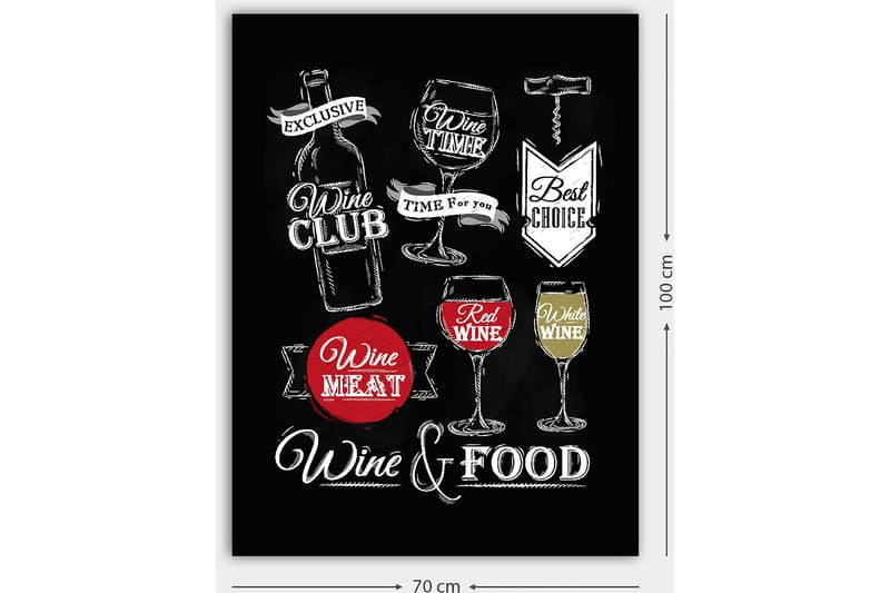 Lærred 70x100 cm - Stiliseret maleri med motiver af vin, glas og madrelaterede tekster - Rød / Hvid / Sort - Boligtilbehør - Billeder & kunst - Billeder på lærred