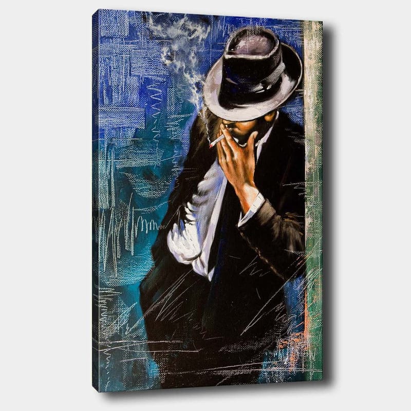 Lærred 70x100 cm - Stiliseret mand i jakkesæt, der ryger en cigaret, med en følelse af mystik og elegance, Mørkeblå / Sort / Hvid
