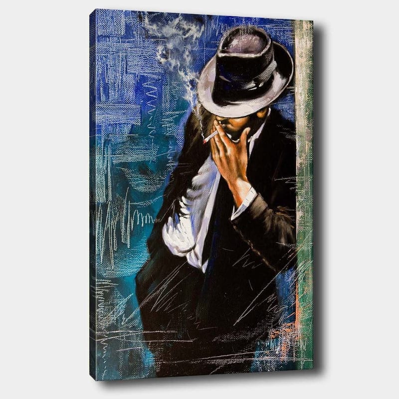 Lærred 70x100 cm - Stiliseret mand i jakkesæt, der ryger en cigaret, med en følelse af mystik og elegance, Mørkeblå / Sort / Hvid