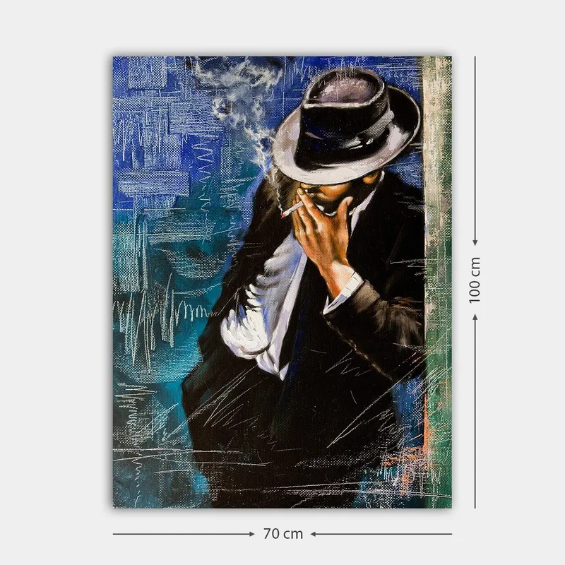 Lærred 70x100 cm - Stiliseret mand i jakkesæt, der ryger en cigaret, med en følelse af mystik og elegance - Mørkeblå / Sort / Hvid - Boligtilbehør - Billeder & kunst - Billeder på lærred