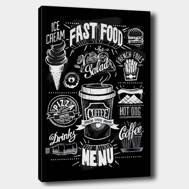 Lærred 70x100 cm - Stiliseret menu med forskellige fastfoodretter og drikkevarer i sort-hvid, Sort / Hvid / Grå