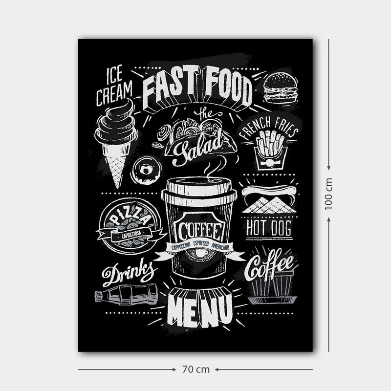 Lærred 70x100 cm - Stiliseret menu med forskellige fastfoodretter og drikkevarer i sort-hvid - Sort / Hvid / Grå - Boligtilbehør - Billeder & kunst - Billeder på lærred