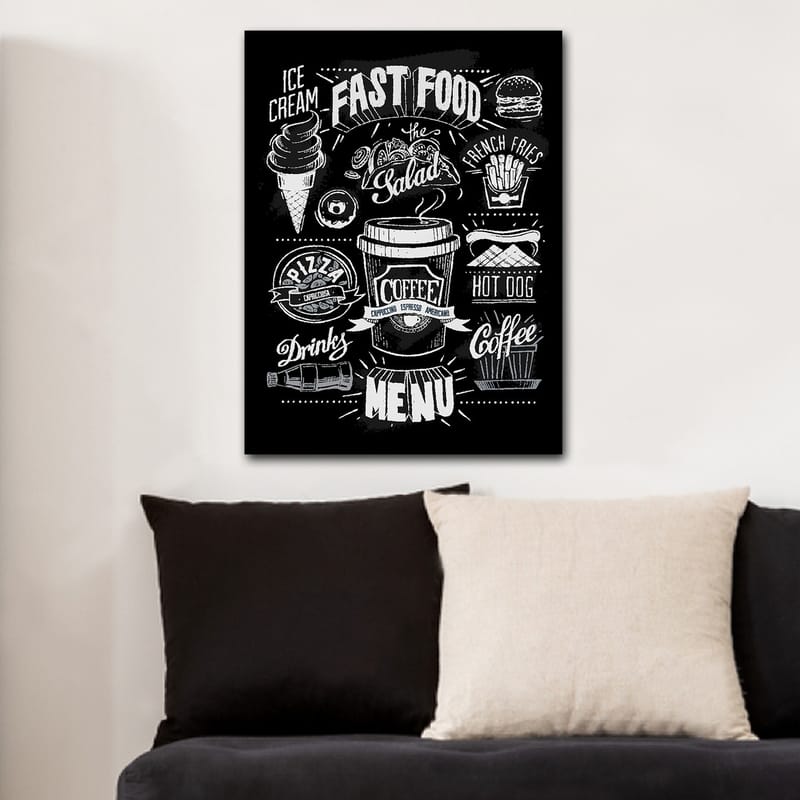Lærred 70x100 cm - Stiliseret menu med forskellige fastfoodretter og drikkevarer i sort-hvid - Sort / Hvid / Grå - Boligtilbehør - Billeder & kunst - Billeder på lærred