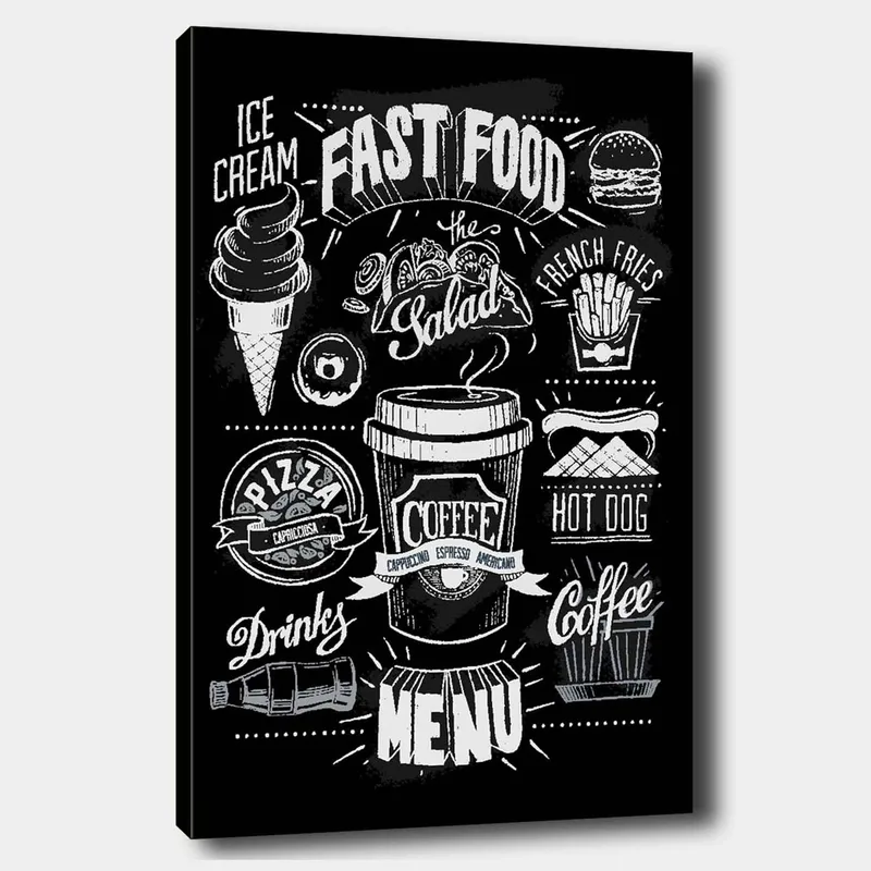 Lærred 70x100 cm - Stiliseret menu med forskellige fastfoodretter og drikkevarer i sort-hvid, Sort / Hvid / Grå