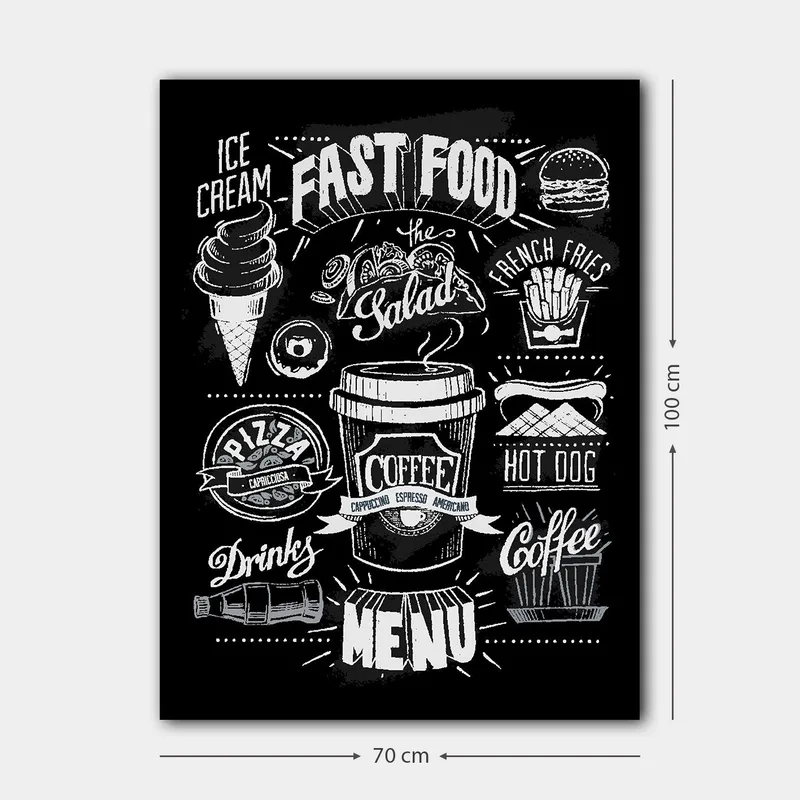 Lærred 70x100 cm - Stiliseret menu med forskellige fastfoodretter og drikkevarer i sort-hvid - Sort / Hvid / Grå - Boligtilbehør - Billeder & kunst - Billeder på lærred