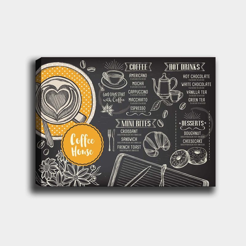 Lærred 70x100 cm - Stiliseret menu til en café med en kop kaffe og kager, Sort / Orange / Hvid