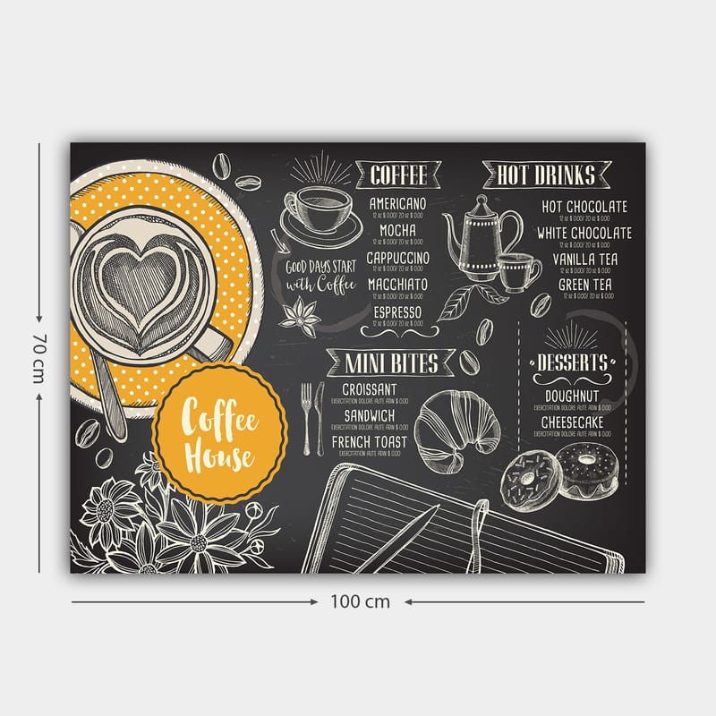 Lærred 70x100 cm - Stiliseret menu til en café med en kop kaffe og kager - Sort / Orange / Hvid - Boligtilbehør - Billeder & kunst - Billeder på lærred