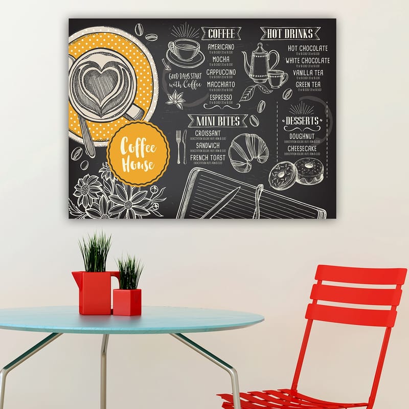 Lærred 70x100 cm - Stiliseret menu til en café med en kop kaffe og kager - Sort / Orange / Hvid - Boligtilbehør - Billeder & kunst - Billeder på lærred