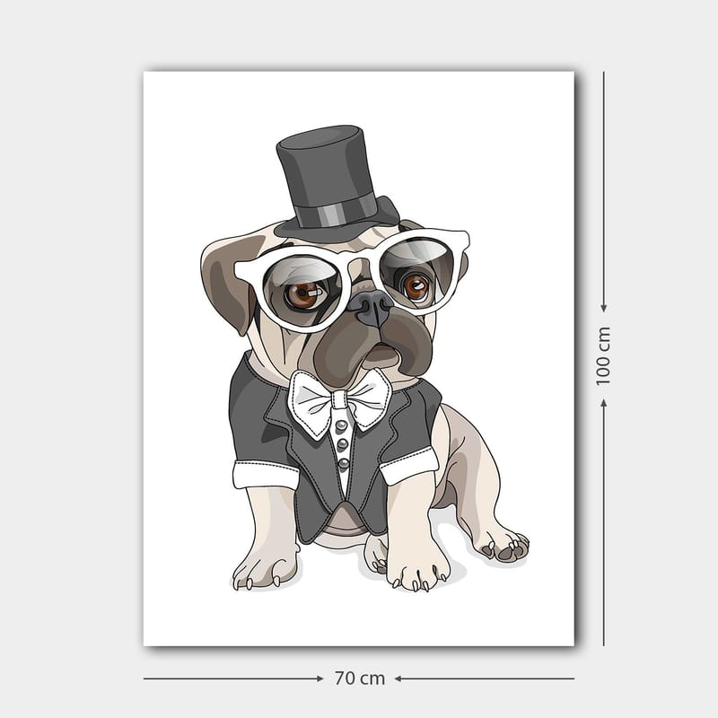 Lærred 70x100 cm - Stiliseret mops klædt i halefrakke og hat med store briller - Beige / Sort / Hvid - Boligtilbehør - Billeder & kunst - Billeder på lærred