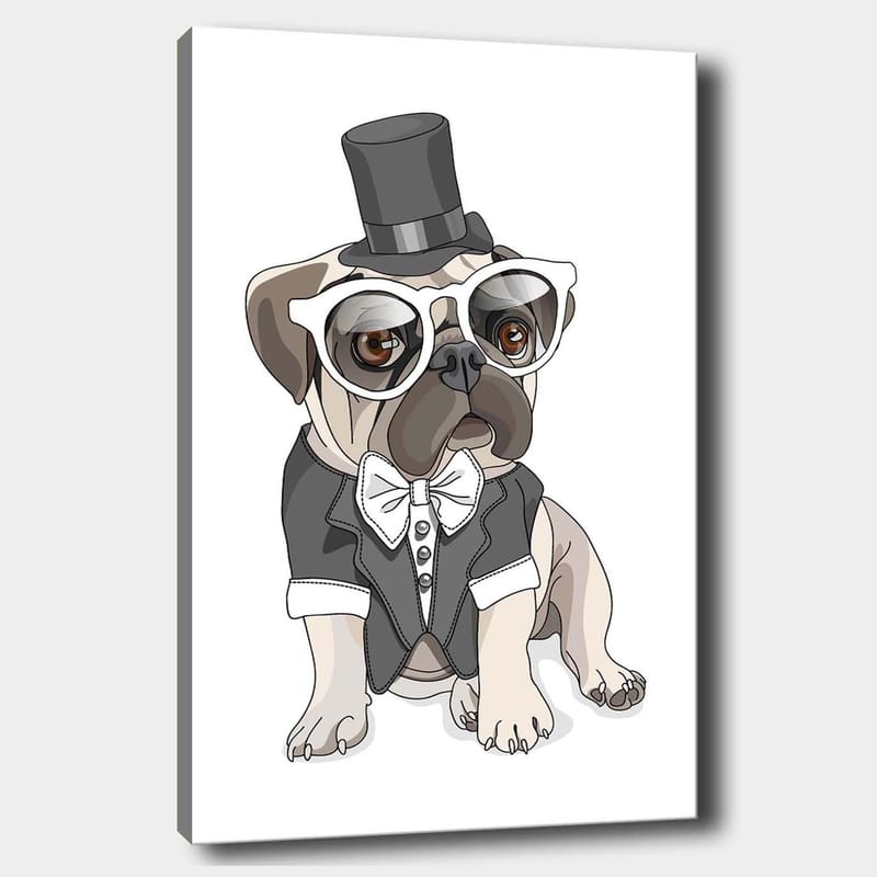 Lærred 70x100 cm - Stiliseret mops klædt i halefrakke og hat med store briller, Beige / Sort / Hvid