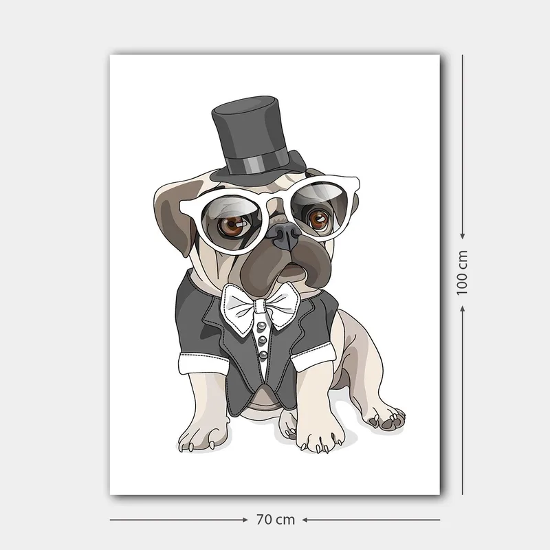 Lærred 70x100 cm - Stiliseret mops klædt i halefrakke og hat med store briller - Beige / Sort / Hvid - Boligtilbehør - Billeder & kunst - Billeder på lærred