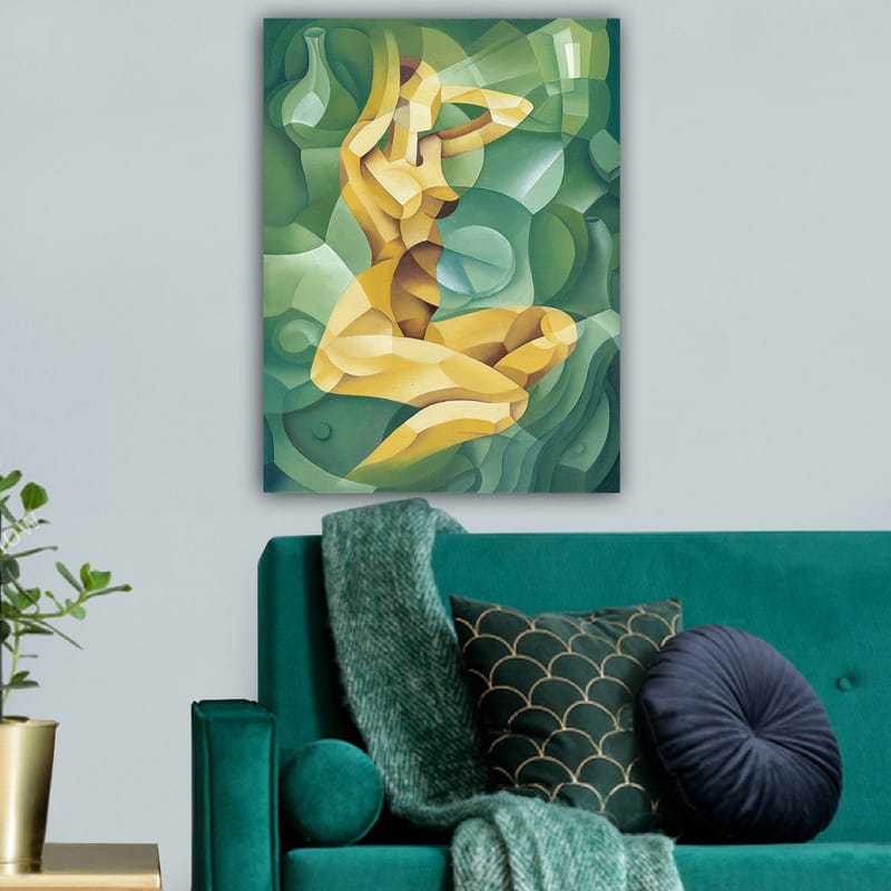 Lærred 70x100 cm - Stiliseret nøgen figur siddende med én hånd bag hovedet, omgivet af organiske former - Gul / Grøn - Boligtilbehør - Billeder & kunst - Billeder på lærred