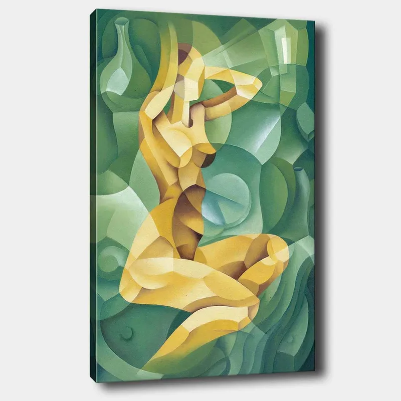 Lærred 70x100 cm - Stiliseret nøgen figur siddende med én hånd bag hovedet, omgivet af organiske former, Gul / Grøn
