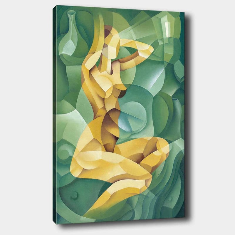 Lærred 70x100 cm - Stiliseret nøgen figur siddende med én hånd bag hovedet, omgivet af organiske former - Gul / Grøn - Boligtilbehør - Billeder & kunst - Billeder på lærred