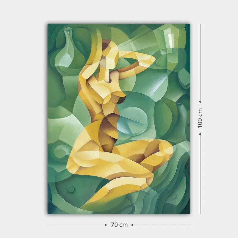 Lærred 70x100 cm - Stiliseret nøgen figur siddende med én hånd bag hovedet, omgivet af organiske former - Gul / Grøn - Boligtilbehør - Billeder & kunst - Billeder på lærred