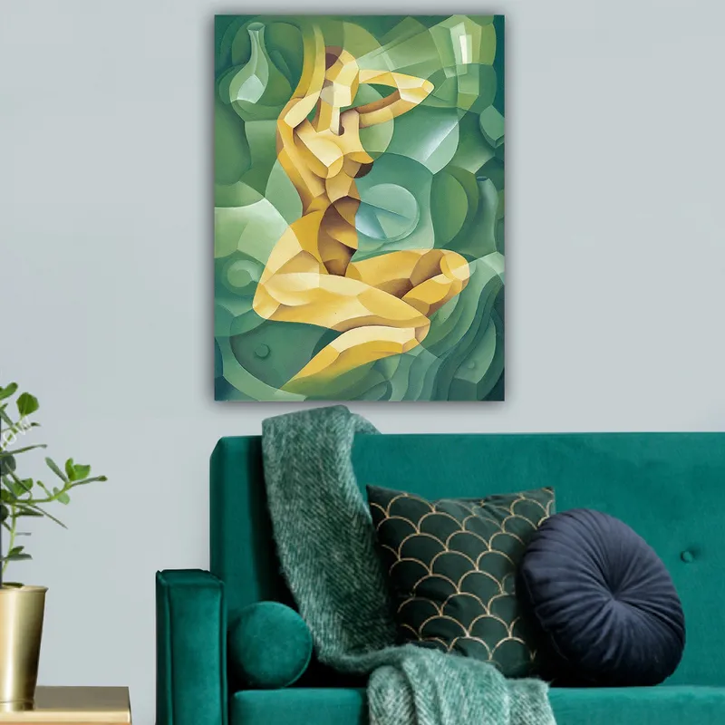 Lærred 70x100 cm - Stiliseret nøgen figur siddende med én hånd bag hovedet, omgivet af organiske former - Gul / Grøn - Boligtilbehør - Billeder & kunst - Billeder på lærred