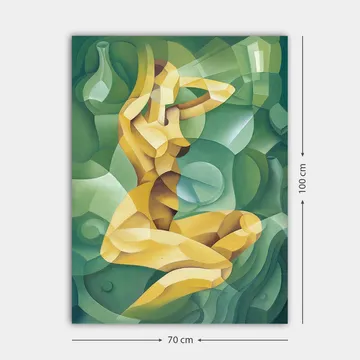 Lærred 70x100 cm - Stiliseret nøgen figur siddende med én hånd bag hovedet, omgivet af organiske former - Gul / Grøn - Boligtilbehør - Billeder & kunst - Billeder på lærred