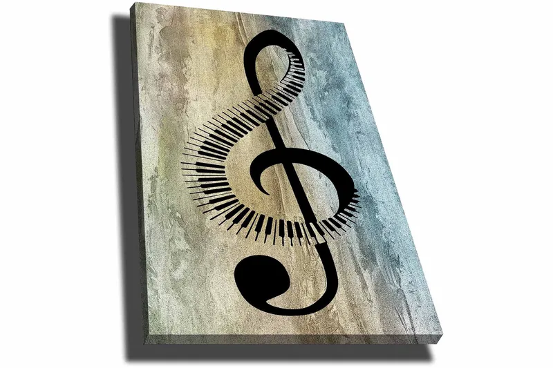 Lærred 70x100 cm - Stiliseret nodesymbol med klaviaturdetaljer på en abstrakt baggrund - Sort / Grå / Beige - Boligtilbehør - Billeder & kunst - Billeder på lærred