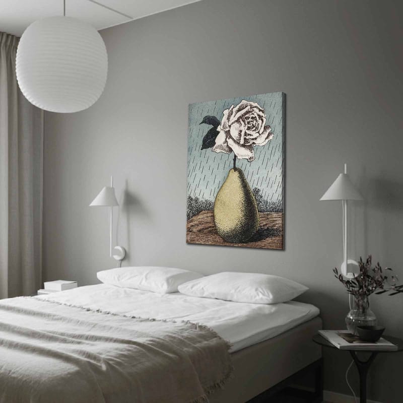 Lærred 70x100 cm - Stiliseret rose i en vase formet som en pære, omgivet af regndråber, Grøn / Lyserød / Blå