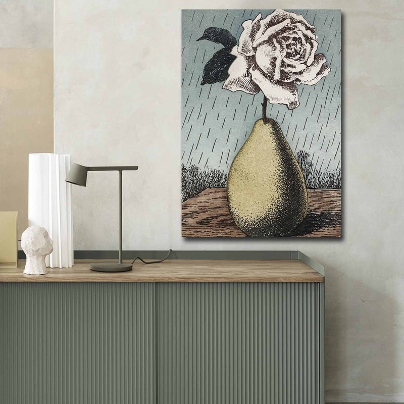 Lærred 70x100 cm - Stiliseret rose i en vase formet som en pære, omgivet af regndråber - Grøn / Lyserød / Blå - Boligtilbehør - Billeder & kunst - Billeder på lærred