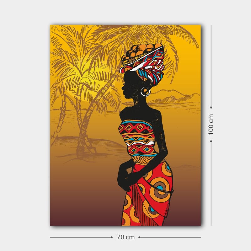 Lærred 70x100 cm - Stiliseret silhuet af en kvinde med traditionelt tøj og frugt på hovedet, omgivet af palmer i solrige omgivelser - Sort / Rød / Orange - Boligtilbehør - Billeder & kunst - Billeder på lærred