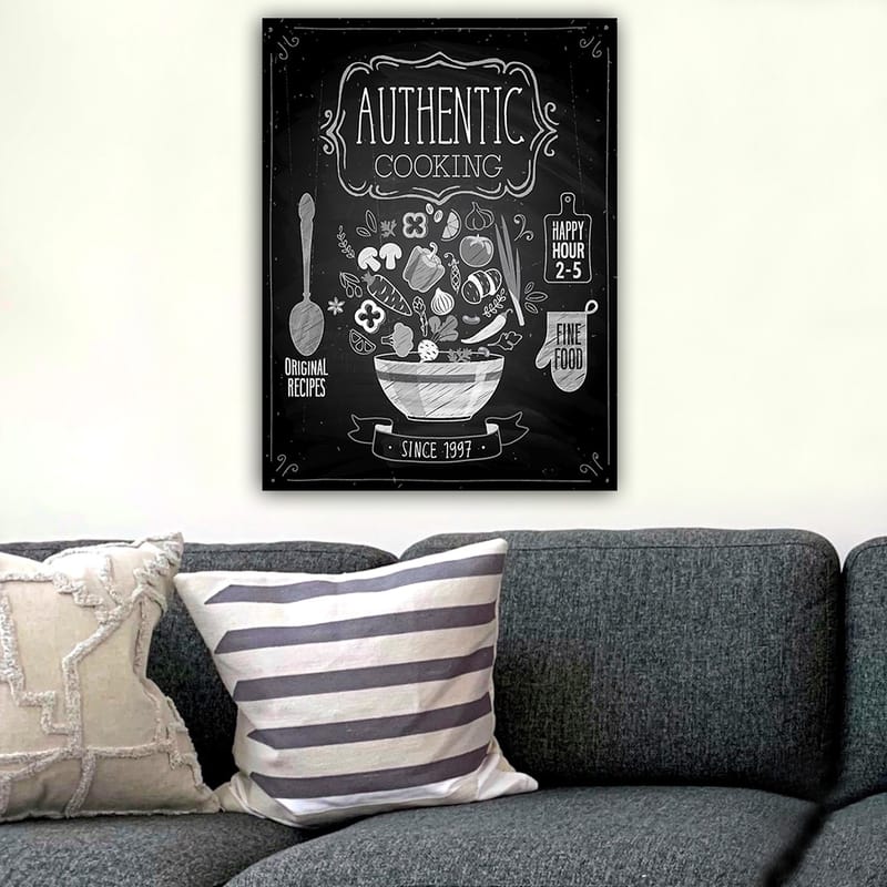 Lærred 70x100 cm - Stiliseret skål med forskellige grøntsager og ingredienser, der symboliserer autentisk madlavning - Hvid / Sort / Grå - Boligtilbehør - Billeder & kunst - Billeder på lærred
