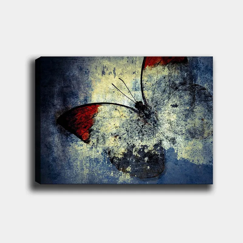 Lærred 70x100 cm - Stiliseret sommerfugl med røde vinger mod en grå og blå baggrund, Rød / Grå / Blå