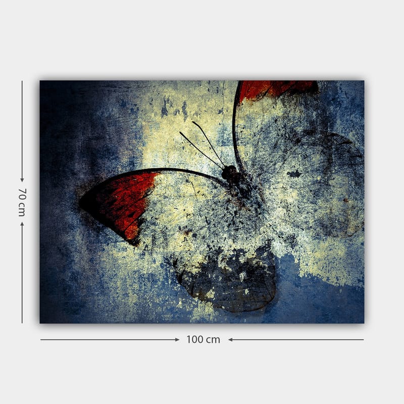 Lærred 70x100 cm - Stiliseret sommerfugl med røde vinger mod en grå og blå baggrund - Rød / Grå / Blå - Boligtilbehør - Billeder & kunst - Billeder på lærred
