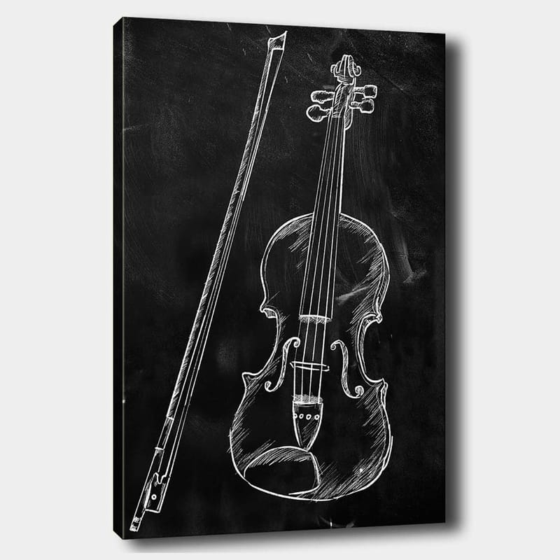 Lærred 70x100 cm - Stiliseret tegning af en violin og en violinstok på sort baggrund, Hvid / Sort