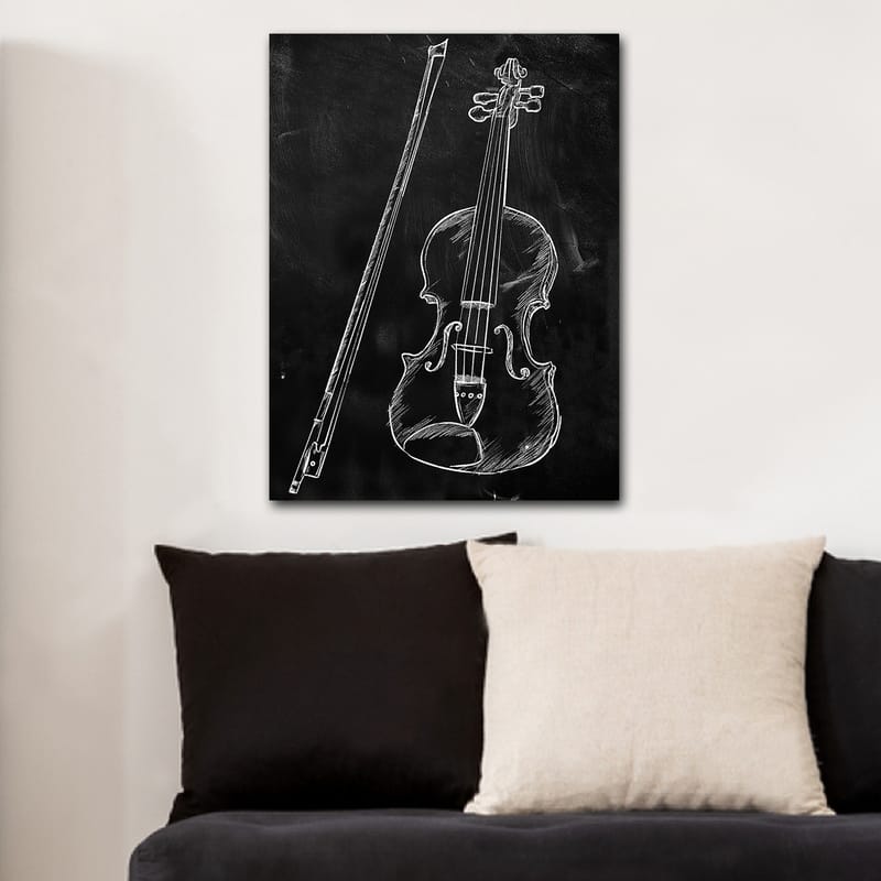Lærred 70x100 cm - Stiliseret tegning af en violin og en violinstok på sort baggrund - Hvid / Sort - Boligtilbehør - Billeder & kunst - Billeder på lærred