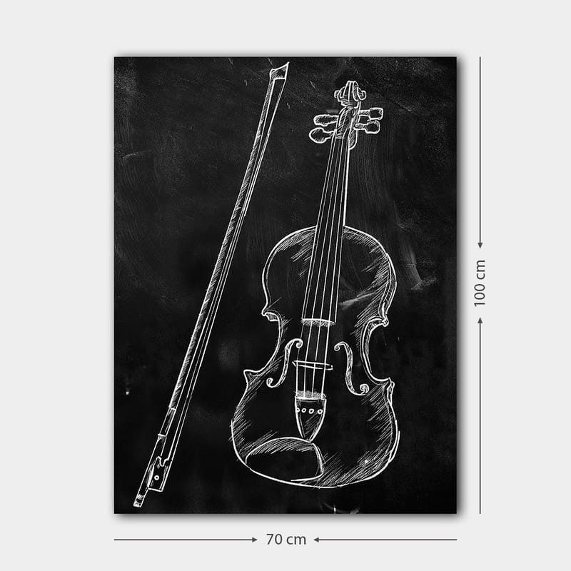 Lærred 70x100 cm - Stiliseret tegning af en violin og en violinstok på sort baggrund - Hvid / Sort - Boligtilbehør - Billeder & kunst - Billeder på lærred