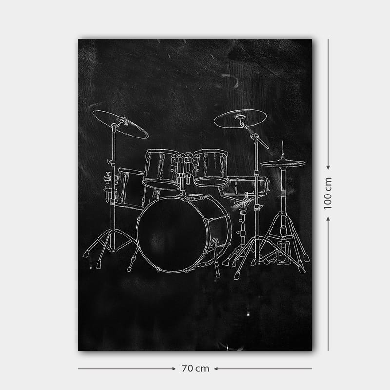 Lærred 70x100 cm - Stiliseret tegning af et trommesæt på sort baggrund - Sort / Hvid - Boligtilbehør - Billeder & kunst - Billeder på lærred