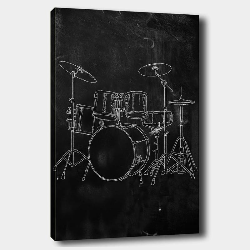 Lærred 70x100 cm - Stiliseret tegning af et trommesæt på sort baggrund, Sort / Hvid