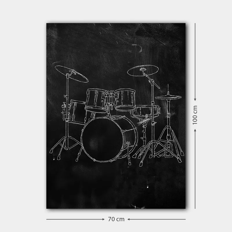 Lærred 70x100 cm - Stiliseret tegning af et trommesæt på sort baggrund - Sort / Hvid - Boligtilbehør - Billeder & kunst - Billeder på lærred