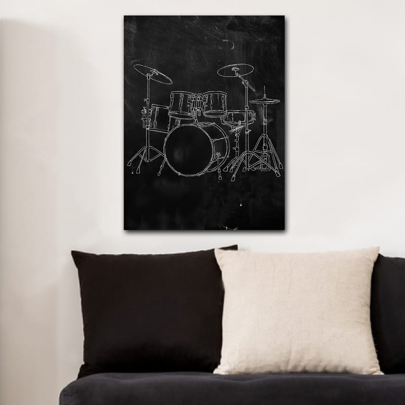 Lærred 70x100 cm - Stiliseret tegning af et trommesæt på sort baggrund - Sort / Hvid - Boligtilbehør - Billeder & kunst - Billeder på lærred