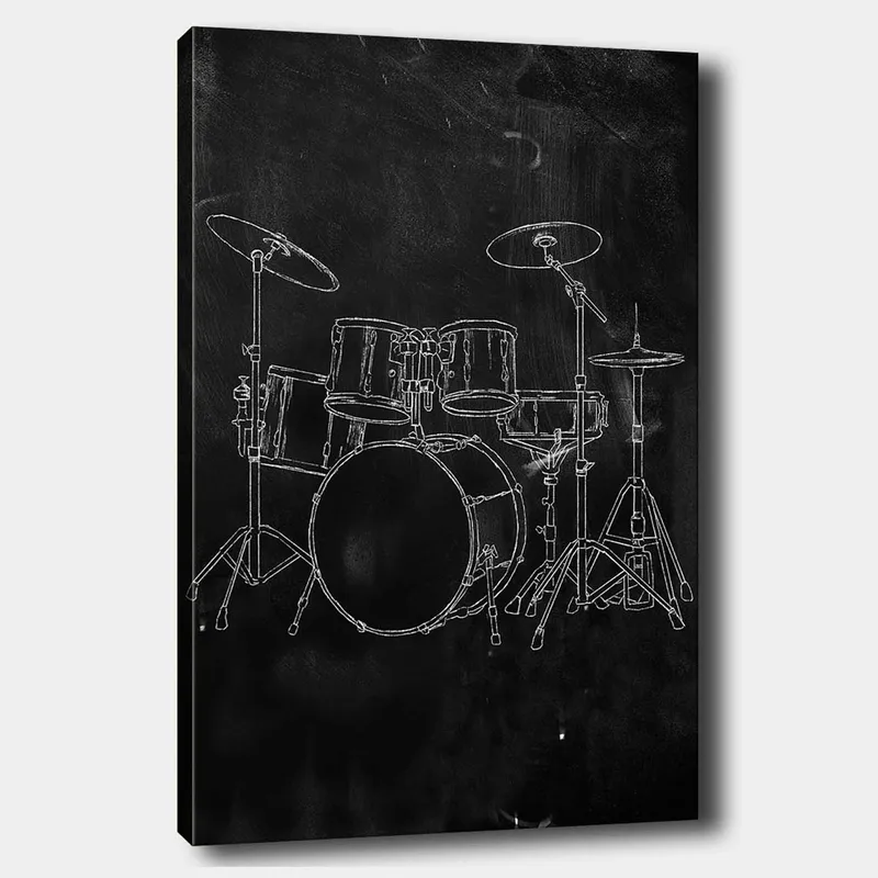 Lærred 70x100 cm - Stiliseret tegning af et trommesæt på sort baggrund, Sort / Hvid