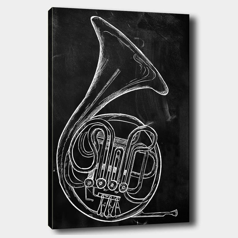 Lærred 70x100 cm - Stiliseret tegning af et valdhorn, Hvid / Sort