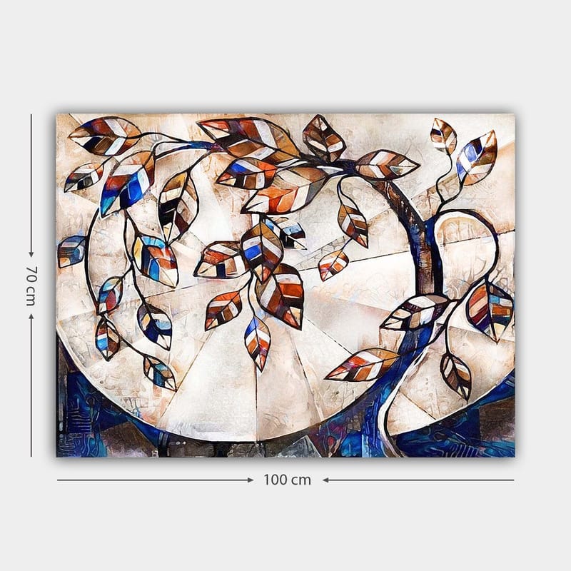 Lærred 70x100 cm - Stiliseret trægren med farverige blade, der strækker sig over en lys baggrund - Mørkeblå / Orange / Hvid - Boligtilbehør - Billeder & kunst - Billeder på lærred