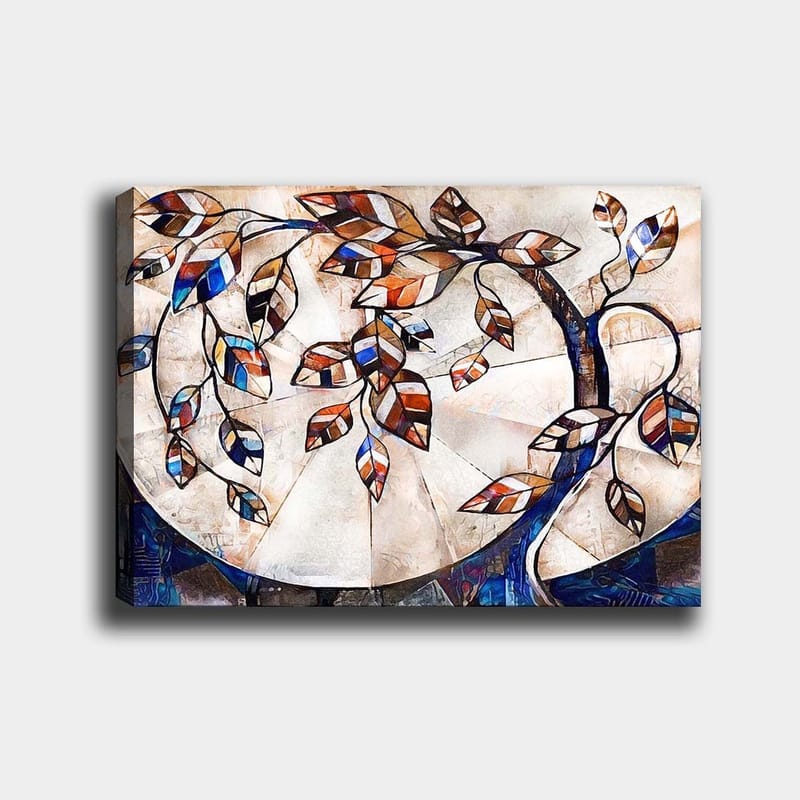 Lærred 70x100 cm - Stiliseret trægren med farverige blade, der strækker sig over en lys baggrund, Mørkeblå / Orange / Hvid