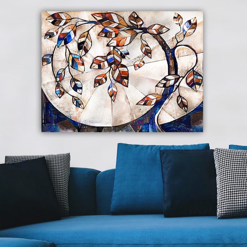 Lærred 70x100 cm - Stiliseret trægren med farverige blade, der strækker sig over en lys baggrund - Mørkeblå / Orange / Hvid - Boligtilbehør - Billeder & kunst - Billeder på lærred