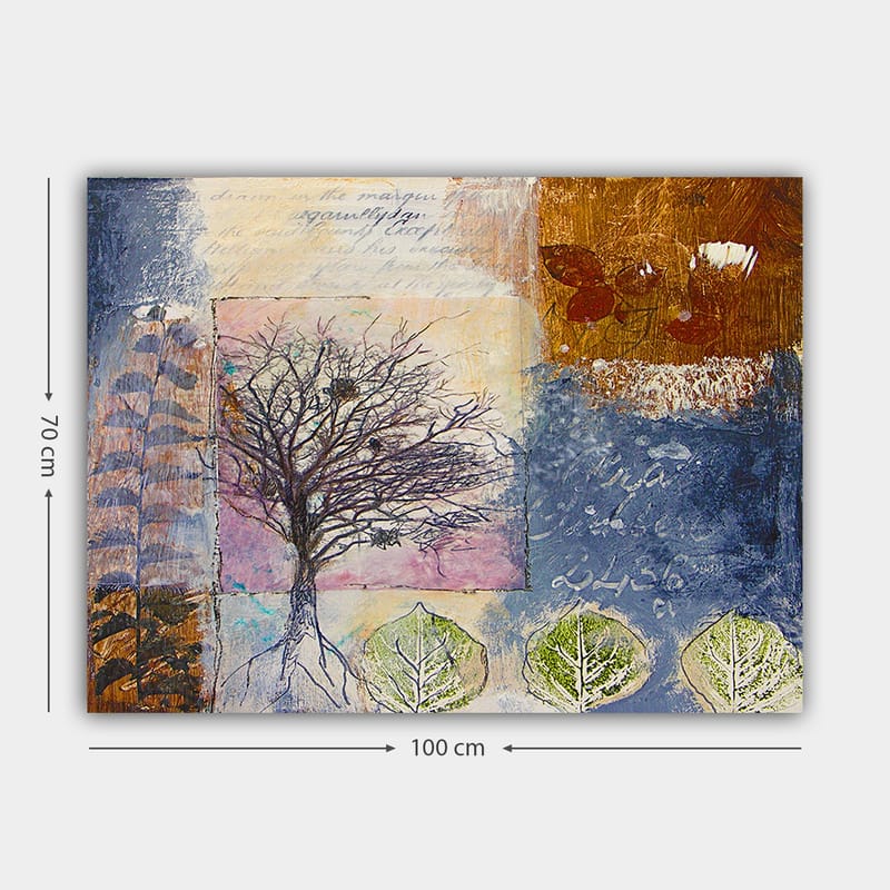 Lærred 70x100 cm - Stiliseret træskulptur med rødder og blade i en farverig komposition - Mørkeblå / Brun / Grøn - Boligtilbehør - Billeder & kunst - Billeder på lærred