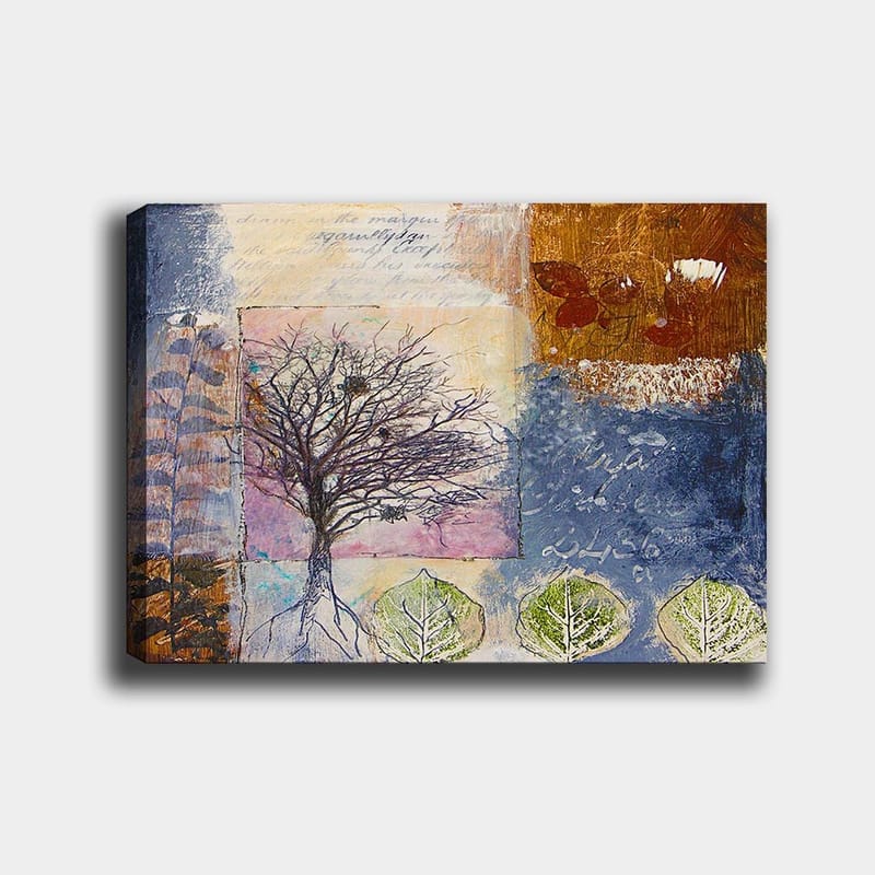 Lærred 70x100 cm - Stiliseret træskulptur med rødder og blade i en farverig komposition, Mørkeblå / Brun / Grøn