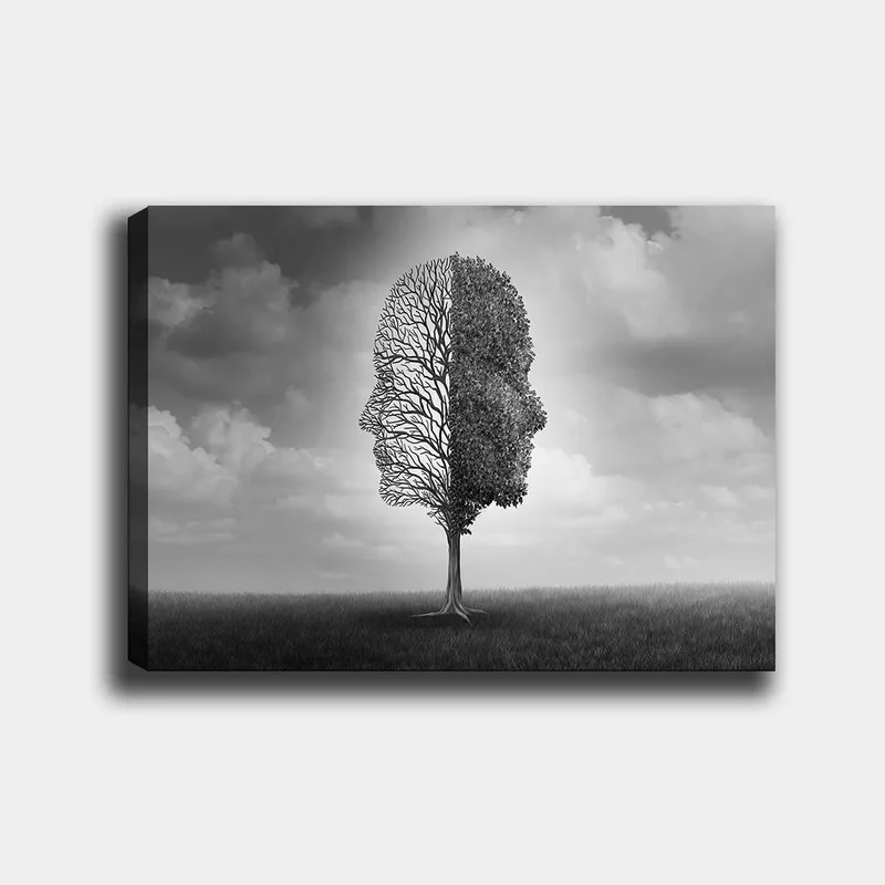 Lærred 70x100 cm - Stiliseret træstruktur, der danner en ansigtsprofil i sort-hvid, Sort / Hvid / Grå