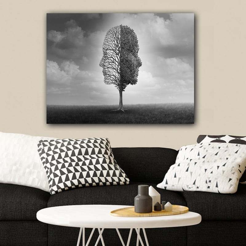 Lærred 70x100 cm - Stiliseret træstruktur, der danner en ansigtsprofil i sort-hvid - Sort / Hvid / Grå - Boligtilbehør - Billeder & kunst - Billeder på lærred