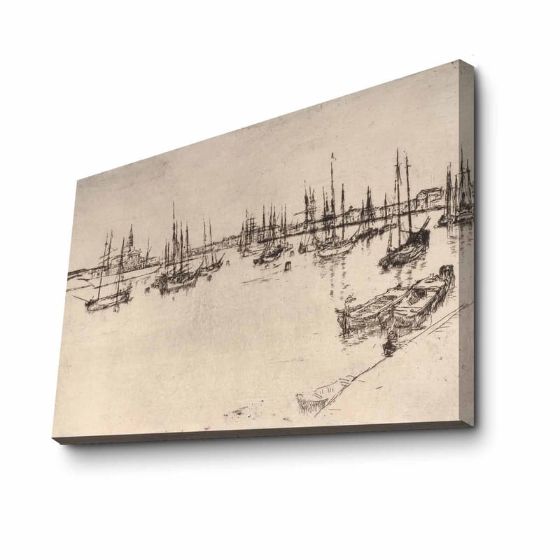 Lærred 70x100 cm - Stiliseret udsigt over en havn med både og master i silhuet - Sort / Beige - Boligtilbehør - Billeder & kunst - Billeder på lærred