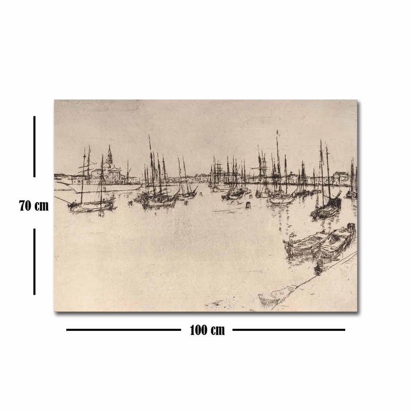 Lærred 70x100 cm - Stiliseret udsigt over en havn med både og master i silhuet - Sort / Beige - Boligtilbehør - Billeder & kunst - Billeder på lærred