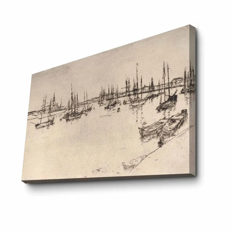 Lærred 70x100 cm - Stiliseret udsigt over en havn med både og master i silhuet - Sort / Beige - Boligtilbehør - Billeder & kunst - Billeder på lærred